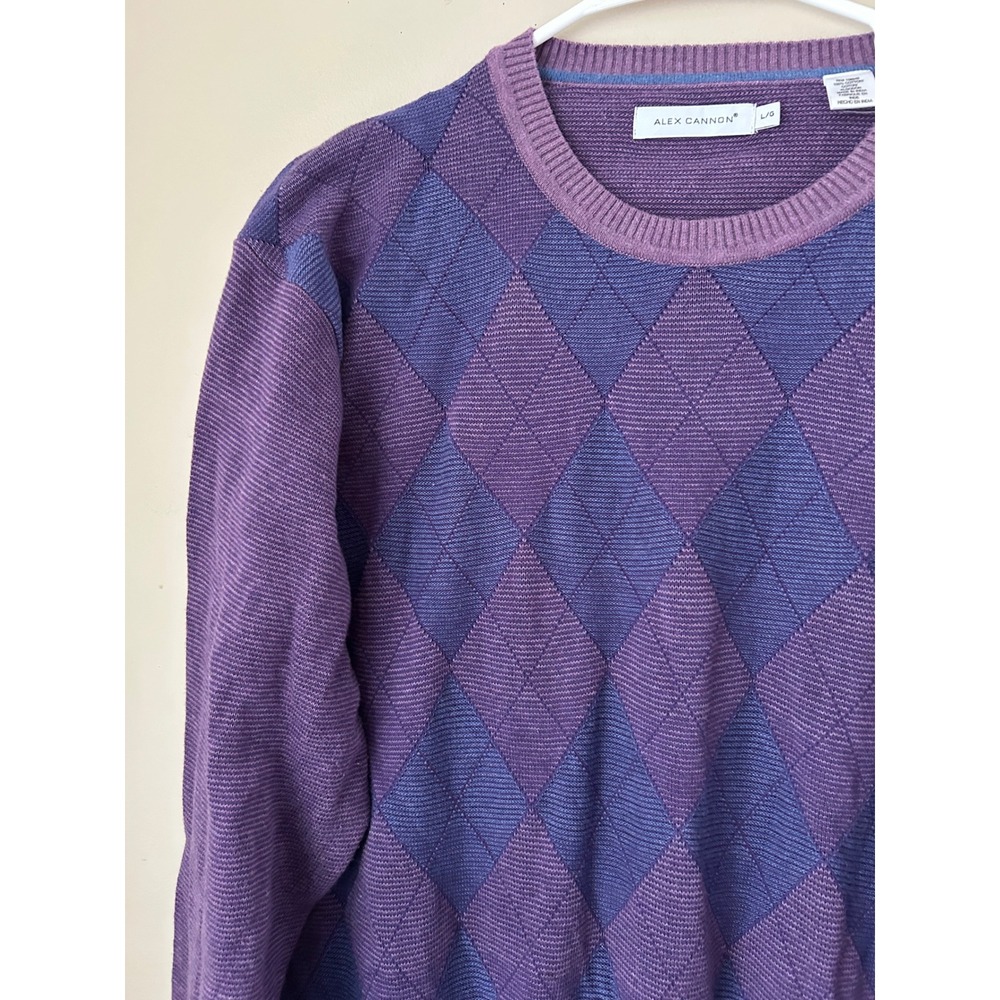 Alex Cannon Mens Argyle Purple Blue Cotton Knit Sweater‎  Large L/G Classic - Picture 3 of 5